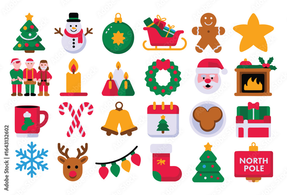 Naklejka premium Christmas Icon Set – Santa, Snowman, Reindeer, Christmas Tree, Gifts, North Pole, Wreath, and Holiday Decorations for Seasonal Projects