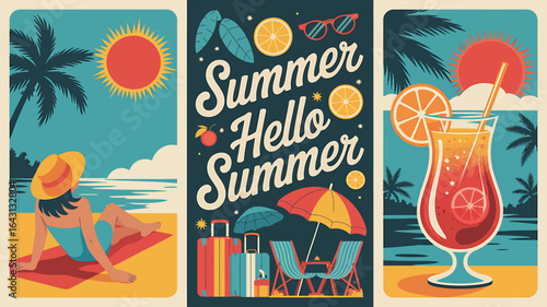 Vibrant Retro Summer Vacation Poster Collage with Beach Scene Cocktail and Festive Elements Celebrating Sunny Getaways