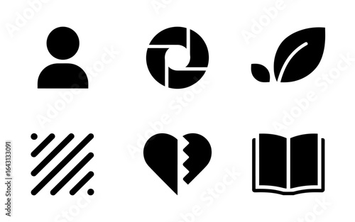 A set of minimalist black icons representing user profile photography nature pattern heartbreak and education