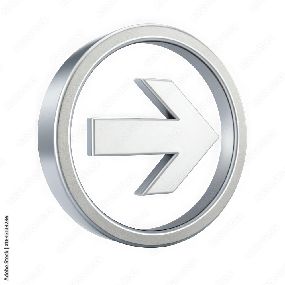 Shiny metallic silver circle with a white 3d arrow pointing right isolated on transparent background Shiny metallic silver circle with a white 3d arrow pointing right isolated on transparent background