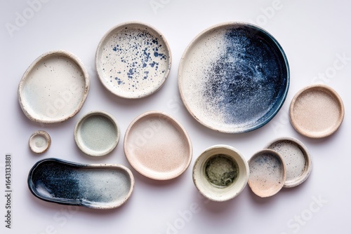 Assorted handmade ceramic plates and bowls arranged on a white background.