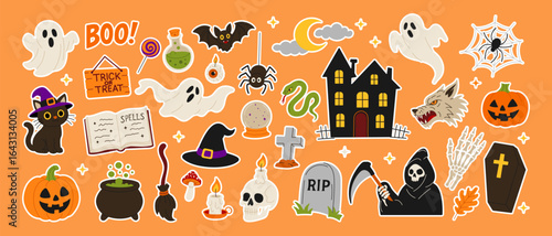A collection of Halloween stickers and images, including a skull, a pumpkin, a ghost, a witch, a house, a spider, a bat, a skeleton, a cat, a book, a cross, a candle, and a pumpkin