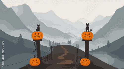 Spooky Halloween Road with Cats and Pumpkins