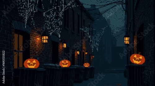 Haunting Halloween Alley with Jack-o'-lanterns and Lights
