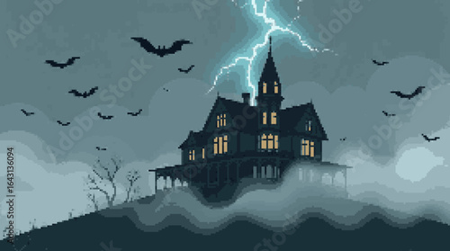 Eerie Haunted House with Lightning and Bats