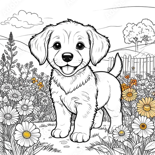 Happy puppy standing in a flower garden
