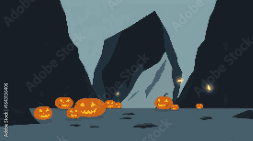 Spooky Cavern Filled with Glowing Pumpkins