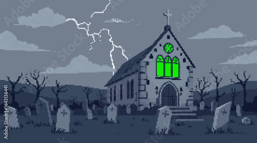 Eerie Church in a Dark Graveyard with Thunderstorm