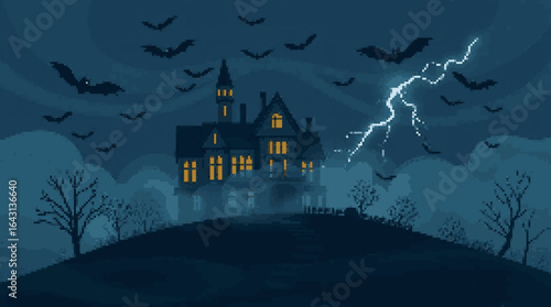 Haunted House with Bats and Lightning