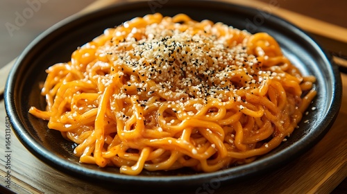 A plate of samyang noodles sprinkled with melted cheese