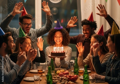 A group of happy friends celebrating a birthday with a cake and candles, raising their hands in excitement