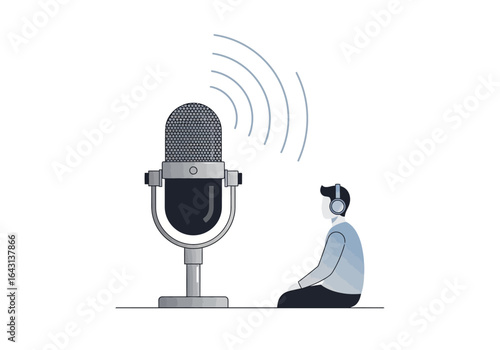 Podcast Production Person Recording Audio with Microphone and Headphones in Studio