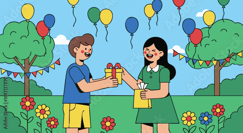 Friends exchanging gifts at an outdoor party