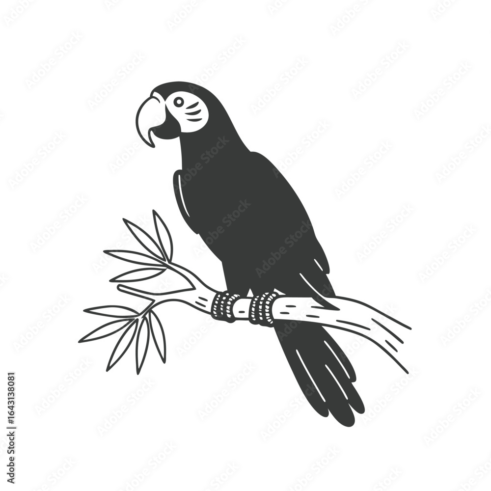 Fototapeta premium Parrot Sitting on Branch Silhouette Vector Illustration