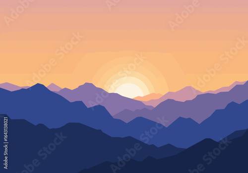 Layered Mountain Range Silhouette at Sunset with Gradient Sky.