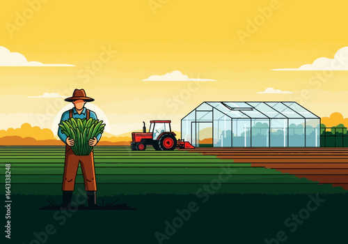 Farmer Holding Vegetables on Agricultural Farm with Greenhouse and Tractor in Colorful Cartoon Landscape