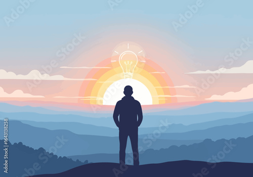 Silhouette contemplating a new idea amidst a beautiful mountain sunrise, symbolizing inspiration and breakthrough.