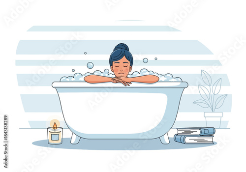 Relaxing Bathtime Woman Enjoying a Bubble Bath with Candlelight and Books in Serene Atmosphere