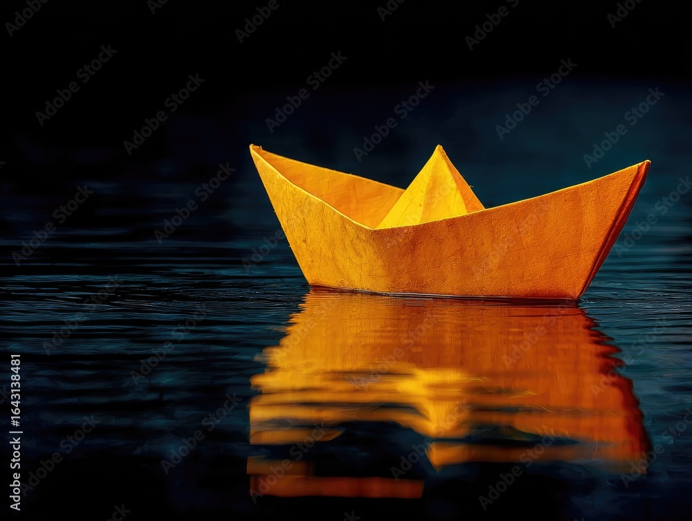 Fototapeta premium Orange paper boat on dark water