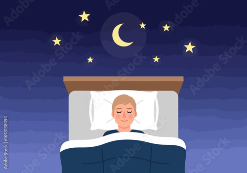 Young man sleeping soundly in bed under a starry night sky with a crescent moon. Concept of deep sleep and relaxation.