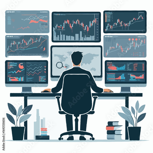 Vector illustration of an investment banker analyzing 