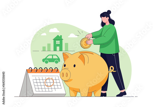 Illustrative concept of a woman saving money in a piggy bank for future financial goals and investments.