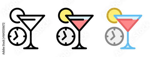 Happy hour icon. Happy hour, line and fill icon. Outline, filled, and color versions. Vector illustration with editable stroke. Isolated on transparent background.