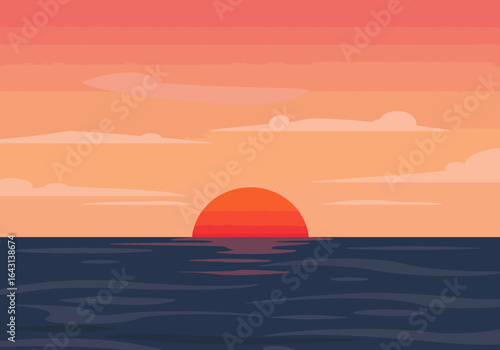 Serene Ocean Sunset with Pixelated Clouds and Vibrant Colors.