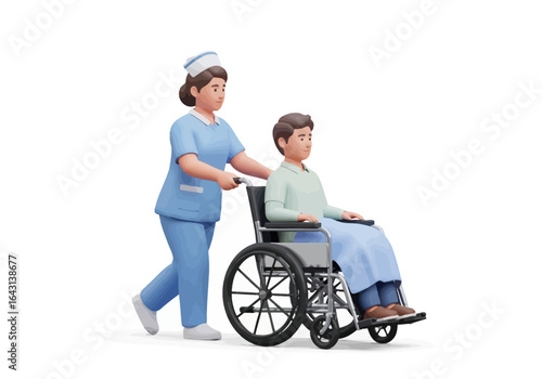 Nurse pushing patient in a wheelchair, symbolizing care, assistance, and recovery in healthcare