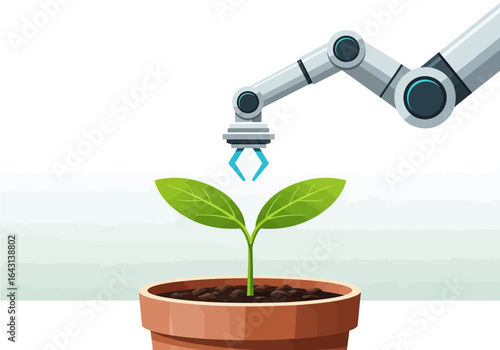 Robot Arm Tending to a Young Plant in a Pot, Symbolizing Automation in Agriculture