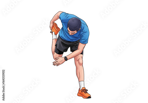Illustration of a male runner doing a standing quadriceps stretch. Athletic man warming up before a workout.