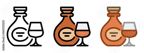 Cognac icon. Cognac bottle with glass of cognac, line and fill icon. Outline, filled, and color versions. Vector illustration with editable stroke. Isolated on transparent background.