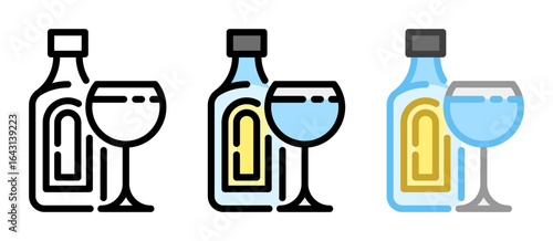 Gin icon. Gin bottle with gin and tonic cocktail, line and fill icon. Outline, filled, and color versions. Vector illustration with editable stroke. Isolated on transparent background.