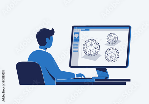 Vector illustration of a designer at a workstation engineering 3D wireframe sphere models