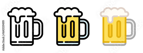 Beer icon. Beer mug with handle, line and fill icon. Outline, filled, and color versions. Vector illustration with editable stroke. Isolated on transparent background.
