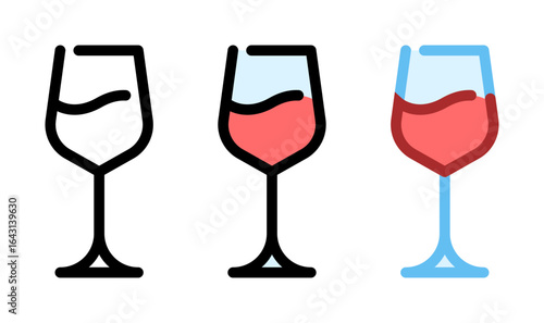 Red wine glass icon. Glass of red wine, line and fill icon. Outline, filled, and color versions. Vector illustration with editable stroke. Isolated on transparent background.