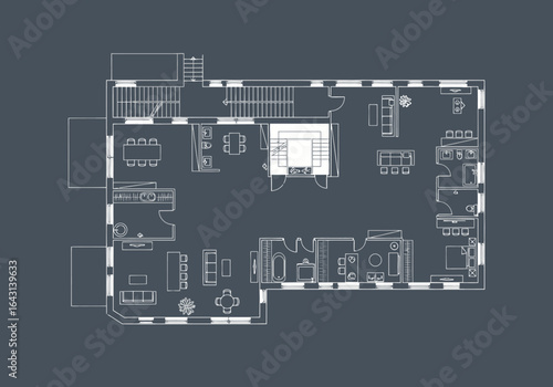 Detailed architectural blueprint of a residential floor plan. Vector illustration of home interior layout and design.