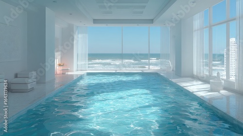 Modern, white penthouse pool overlooking ocean