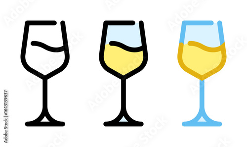 White wine glass icon. Glass of white wine, line and fill icon. Outline, filled, and color versions. Vector illustration with editable stroke. Isolated on transparent background.