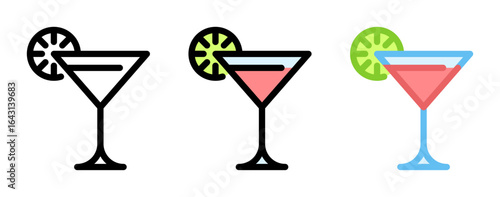 Cosmopolitan cocktail icon. Pink drink line and fill icon. Outline, filled, and color versions. Vector illustration with editable stroke. Isolated on transparent background.