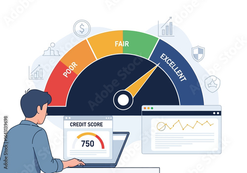 A person assessing their excellent credit score on a financial health dashboard. Vector concept of credit rating analysis.