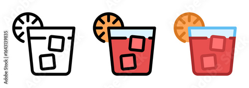 Negroni icon. Classic cocktail line and fill icon. Outline, filled, and color versions. Vector illustration with editable stroke. Isolated on transparent background.