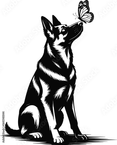 German Shepherd dog with butterfly on nose, black and white illustration, loyal pet design, cute animal moment, nature connection artwork