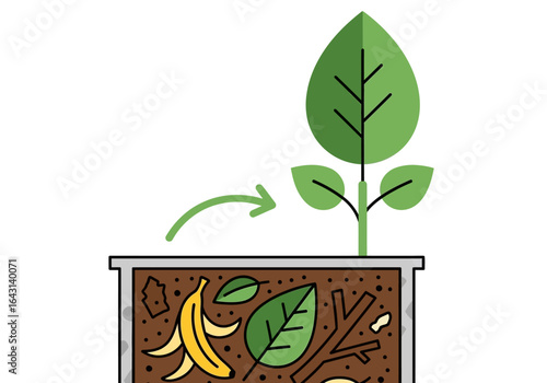 Illustration of a compost bin with a new green sprout growing from decomposed organic materials