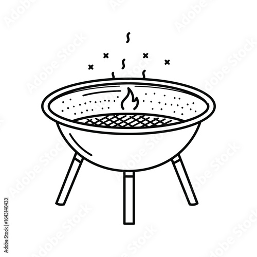 Line art drawing of a threelegged brazier with fire and grill perfect for BBQ and outdoor cooking illustrations