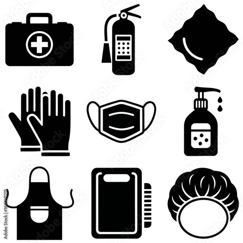 A set of solid glyph icons for workplace safety and personal hygiene