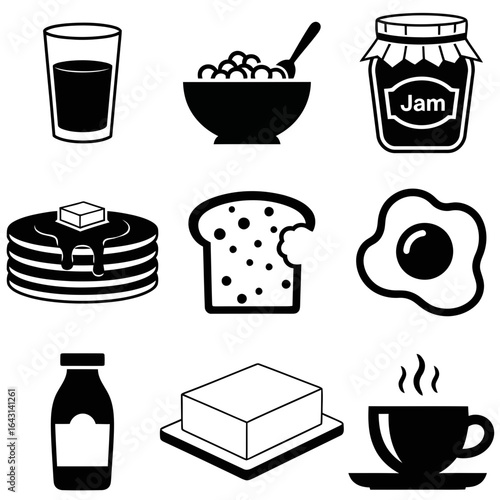 A simple icon set representing the concept of a classic breakfast meal