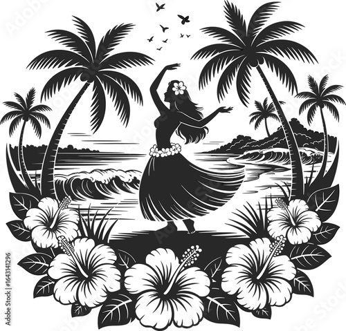 Hula dancer illustration with tropical flowers, ocean waves, palm trees, Hawaiian culture, island dance art, exotic beach paradise, traditional costume