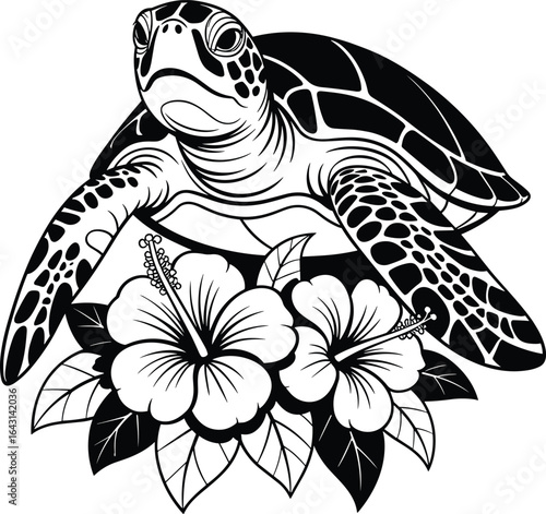 Sea turtle with hibiscus flowers, tropical marine life illustration, black and white design, ocean wildlife art, summer beach tattoo style