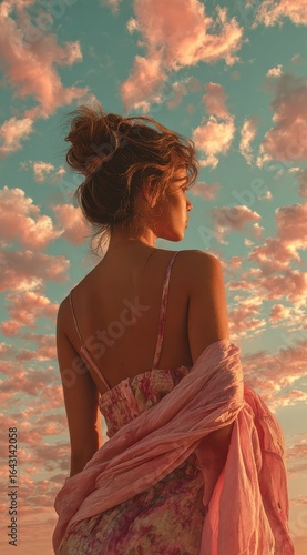 A woman gazing at the sky captured from behind wearing a beautifully designed pink and purple dress showcasing a striking blue background